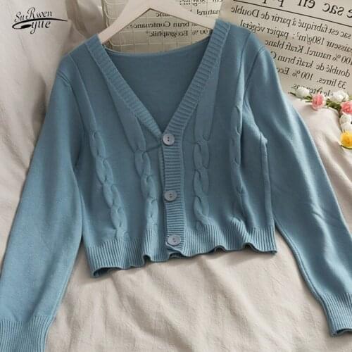 2021winter Sweater Women Coat Womens New Slim Short Solid Color V-neck Long-sleeved Cardigan Short Sweater Korean Top 16184