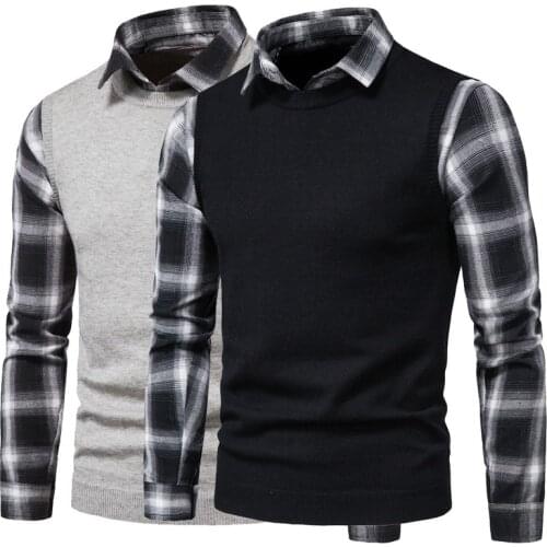 New Fake Two Pieces Mens Sweater Plaid Lapel Collared Shirt Long Sleeve Men Basic Knitted Pullovers