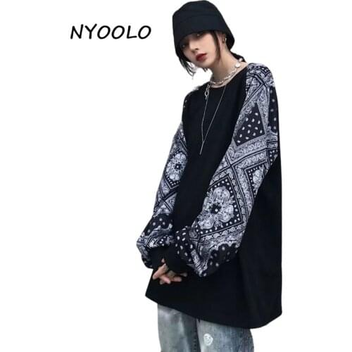 NYOOLO Spring Autumn Vintage Flowers Patchwork O-Neck Long Sleeve Goth T-Shirt Women Men Clothes Casual Hip Hop Punk Tops Tee