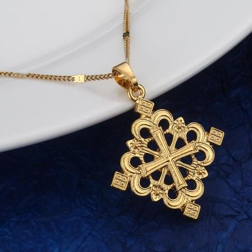 Ethiopian Gold Color Cross Pendant Necklaces for Women Men Eritrea Cross Charm Jewelry