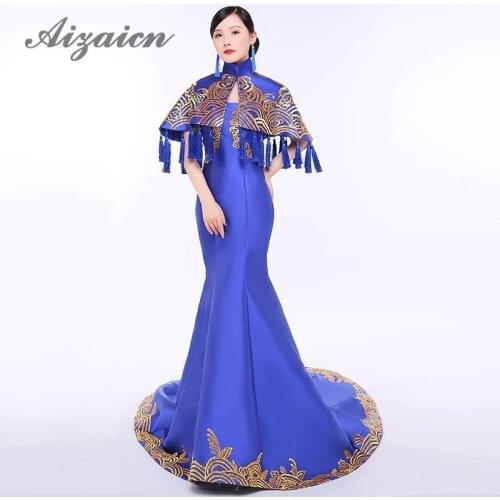 Luxury Royal Blue Evening Dress 2018 Fashion Satin Mermaid Vintage Prom Dresses With Shawl Exquisite Embroidery Cheongsam