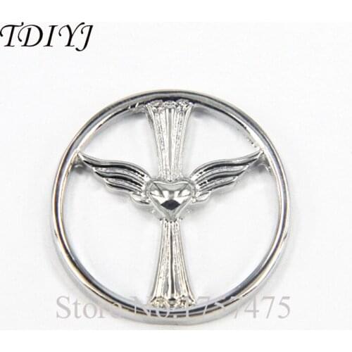 TDIYJ 10pcs New Arrival 22mm Diameter Alloy Flying Heart Cross Window Plate Floating Charms for Glass Locket Pendants