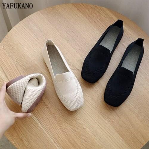 Fashion Knitted Breathable Flat Shoes 2020 Autumn New Square Toe Retro Soft Bottom Casual Shoes Large Size Womens Shoes 41 42