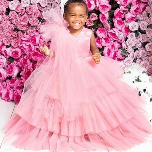 Pink Simple Tiered Flower Girl Dresses Tulle V-neck Birthday Party Gown Pageant Formal Children Customes