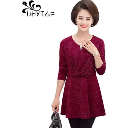 UHYTGF Spring Autumn T Shirt Womens Long-Sleeved Casual 5XL Plus Size Tops Mother Two-Piece Set Fashion Female Bottoming 1588