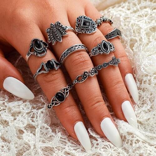 11Pcs/Set Punk Hip Hop Vintage Finger Ring For Women Faux Carving Hollow Waterdrop Lotus Rings Jewelry Accessories