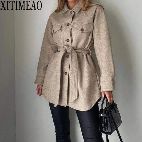 Za Women New Fashion With Belt Loose Woolen Jacket Coat Vintage Long Sleeve Side Pockets Female Outerwear Chic Overcoat