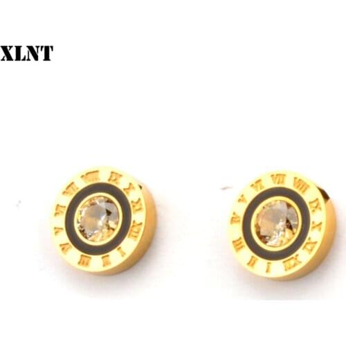 XLNT Fashion High Quality Zircon Roman Numeral Stud Earrings for Women Party Titanium Steel Gold Crystal Earrings Jewelry