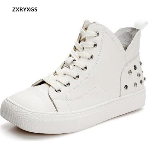2021 New Autumn High-top Lace-up Cowhide Rivet Ankle Boots Women Sneakers White Shoes Square Toe Loose Comfortable Tide Shoes