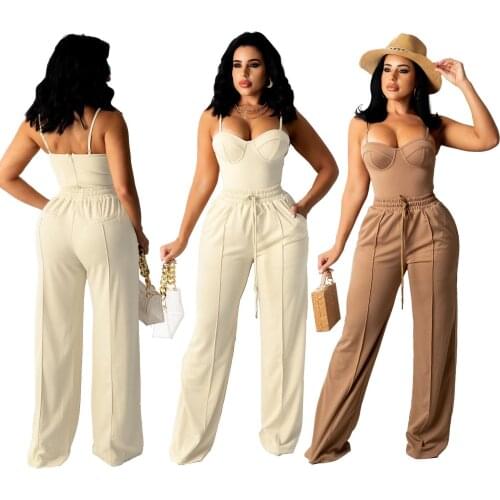 RStylish 2021 Summer New Solid Color Sexy Spaghetti Strap Crop Top Wide Leg Long Pants Women 2 Piece Set