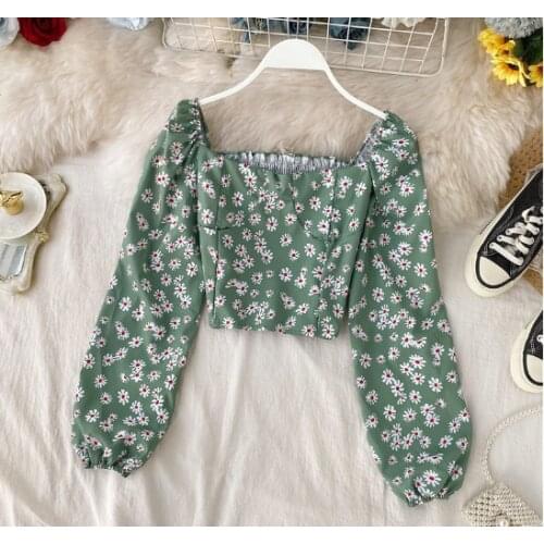 Womens Casual Loose Slash-Neck Long Sleeve Floral Printed Top Autumn Elegant Daily Pullover Sexy Short Shirts