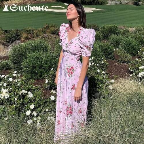 SUCHCUTE Vintage Flower Print Aesthetic Long Dresses For Women 2021 Summer Beachwear Puff Sleeve Pink Casual Holiday Dress