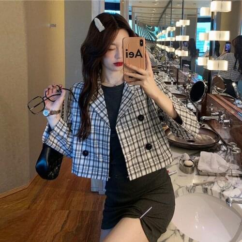 Net red suit collar Plaid Shirt womens autumn dress 2020 new Korean style design small short top fashion