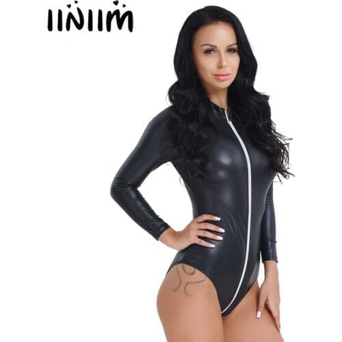 Iiniim Womens Lingerie Faux Leather Sexy Bodystocking Zippered Crotch Jumpsuit Bodysuit Catsuit Ladies Clubwear for Performance