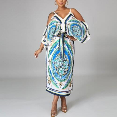 Women Maxi Dress V-neck Halter Three-Quarter Sleeves Cold Shoulder Printed Belt Split Ends Fashion Sexy Dress 2021