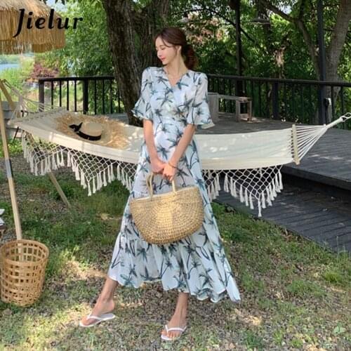 Jielur Holiday Print A-line Summer Dress Short Sleeve Women Dress V-neck Slim High Waist Robe Femme Chic New Dresses Vestidos