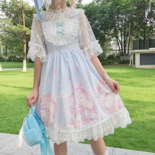 Sweet Kawaii Jsk Lolita Dress Women Vintage Victorian Gothic Lady Cat Sleeveless Lace Princess Tea Party Suspender Dresses+Shirt