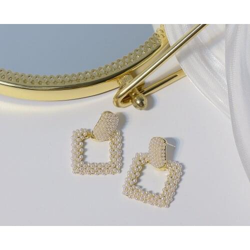 14k Real Gold Plated Fashion Jewelry Square Pearl Luxury Earrings for Woman Shine Holiday Party Daily Gift Simple Earring