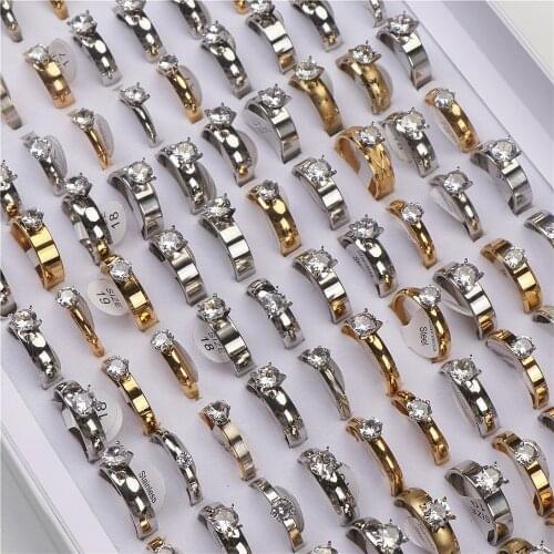 20pcs/lot Fashion Multicolor Simple Metal Diamond Stainless Steel Rings For Women Mix Style Engagement Wedding Jewelry Wholesale
