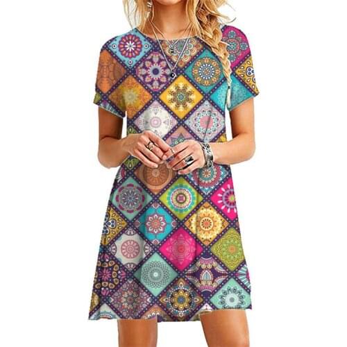 2021 Summer Casual Geometric Short Sleeve Woman Dress Plus Size O-Neck Rhombus Patchwork Loose Holiday Dresses