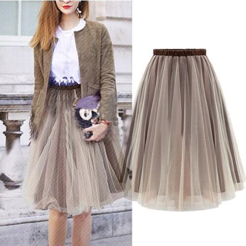 38# Women Summer Beach Party Pleated Skirts Fashion Casual Hight Waist Elastic Layered Tulle A-line Tutu Skirts Tulle Skirt