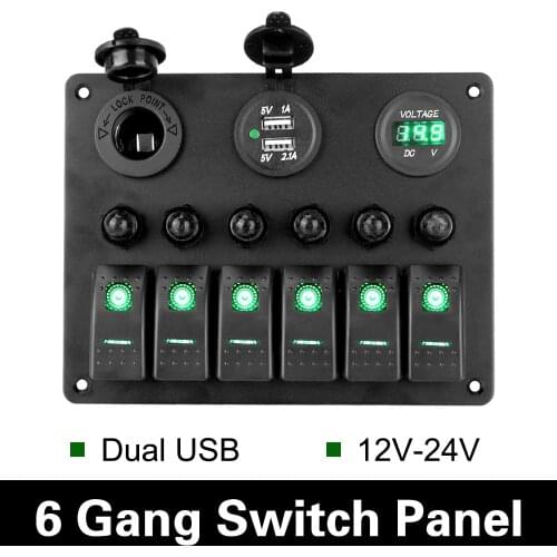6 Gang Rocker Switch Panel DC 12V/24V Car Marine Boat Circuit LED Breaker Dual USB Ports Digital Voltmeter Aluminum Panel