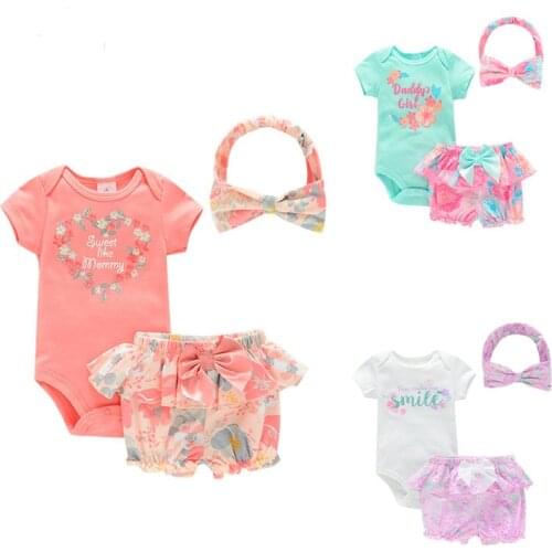 2021 Baby Girls Clothes Sets Short sleeve Bodysuit+Shorts +Bow Headband Newborn Summer Clothes Princess Outfit Infant 0-12month