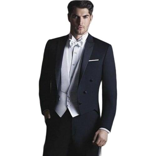 Black Groom Tailcoat 3 Piece Coat Waistcoat Trousers Mens Evening Dress Toast Business Suits (Jacket+Pants+Vest+Tie) W:126