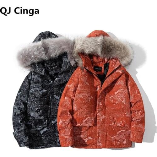 Black Red Printed Hooded Parkas Coat Mens Zipper Control Thick Jacket Warm and Comfortable in Winter Overcoat Size S-4XL