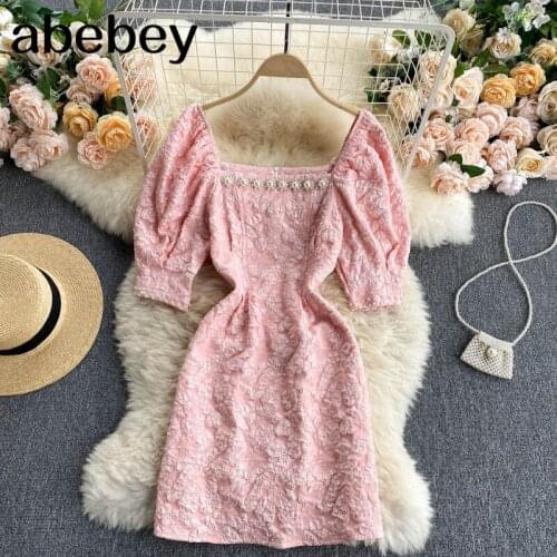 Elegant Solid Dress Women Korean Square Collar Slim Dresses Summer Sexy Off Shoulder Midi Dress