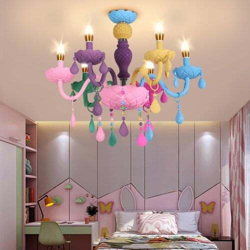 Crystal Chandelier Rainbow Candle Chandelier Lamp European Children Macaron LED Chandelier for Bedroom Indoor Pendant Lighting