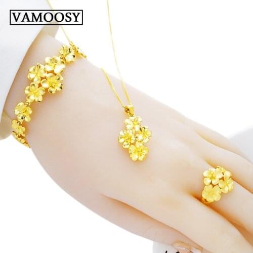 Fine Wedding Bridal Jewelry Set 100% 24K Gold Plum Blossom Design Open Rings,necklaces,bracelets for Women Dubai Jewelry Sets