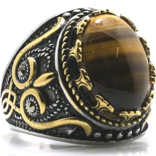 Unisex 316L Stainless Steel Cool Punk Gothic Vintage Amber Color Stone Classic Ring