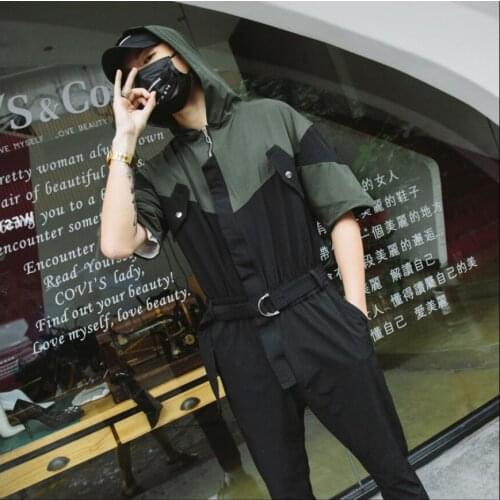 Overalls Men Short-sleeved hooded suit jumpsuit hip-hop Japanese trend overalls summer thin mens color matching jumpsuit