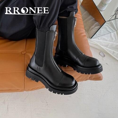 2021 New leather Smoke Tube Boots Womens Autumn/winter Korean Platform Boots Knight Chelsea Martin boots