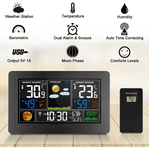 3-In-1 Weather Station Clock Wall-Mounted Digital Clock Thermometer Hygrometer Barometer Indoor Outdoor Color Screen Clock