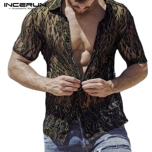 2021 Fashion Men Mesh Shirt Printed Streetwear Lapel Short Sleeve Casual Men Clothing See Through Party Nightclub Camisa INCERUN