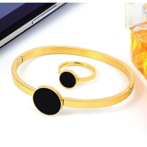 Fashion Women Black/White Shell Bangle Bracelet Round Charm Gold Ring For Woman Man Wedding Party Jewelry Sets