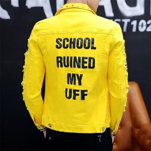 Rivet Ripped Letter Printed Personality Mens Denim Jackets Long Sleeve Single Breasted Male Fashion Punk Nightclub Wear Coats