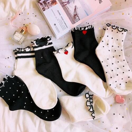 1 Pair Winter New Women Socks Pure Cotton Cute Fashion Casual Comfortable White Stripes Polka Pattern Japanese Harajuku Socks