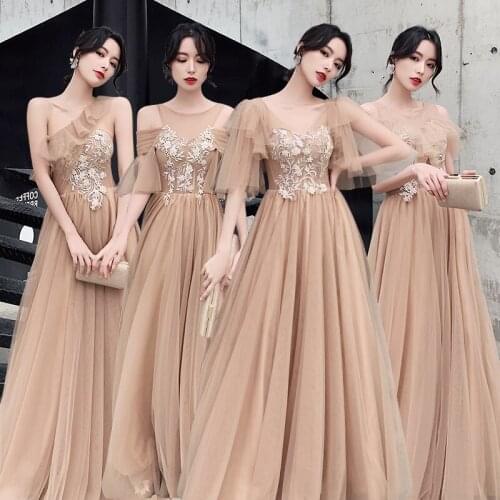 Bridesmaids Dress Illusion One Shoulder Strapless Embroidery A-Line Floor-Length Sleeveless Tulle Women Wedding Party Gown E239