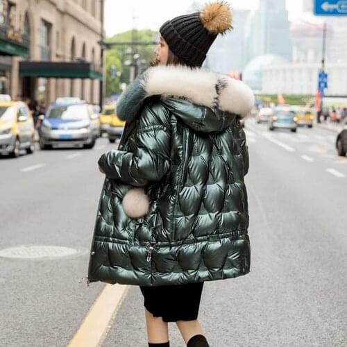 Causal Glossy Glossy Down Jackets Winter Womens Long Fur Collar Hooded Coat Parkas Thick Winter Jacket Women Outwear Streetwear