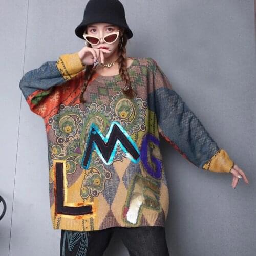 Autumn Winter Print Pullover Sweater streetwear Oversized Print Stick denim Imitated Mink Wool Female All-match Warm Sweater