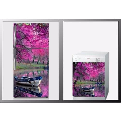 3D Riverside Boat SelfAdhesive Refrigerator Dishwasher Door Sticker Wallpaper wall sticker Kitchen wallpaper Poster