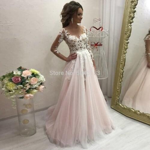 Sexy Sheer Nude Tulle Top A Line Pink Wedding Dresses 2020 Lace Applique Scoop Neckline Long Sleeve Bridal Gowns Buttons Back