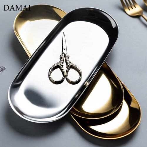European Modern Stainless Steel Trays Decorative Golden Oval Jewelry Cosmetics Display Tray Coffee Table Snacks Dessert Plates