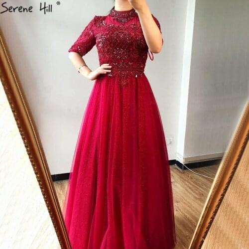 Wine Red A-Line Half Sleeves Evening Dresses Long 2020 Diamond Beading Sparkle Formal Dress Women Elegant Serene Hill BLA70543
