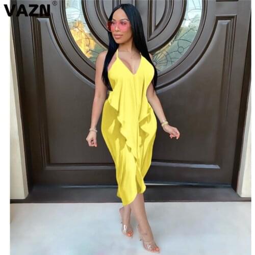 VAZN 2020 Irregular Vintage Sexy Party Cocktail Casual Bandage Maxi Long Dresses Sleeveless Deep Dress Sexy Beach Dress