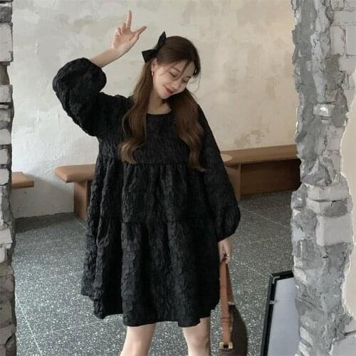 Vintage Casual Black miniShort Dress Women Puff Sleeve High Waist O- neck Autumn long sleeve kawaii lovely birthdayParty dress