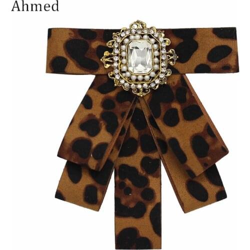 Ahmed New Colorful Crystal Flower Bow tie Brooches for Women Fashion Leopard Print Cloth Corsage Collar Jewelry Gifts